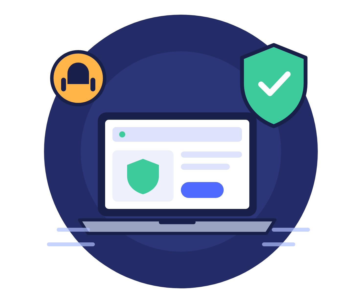 Illustration of a laptop with a security dashboard and a green protection shield